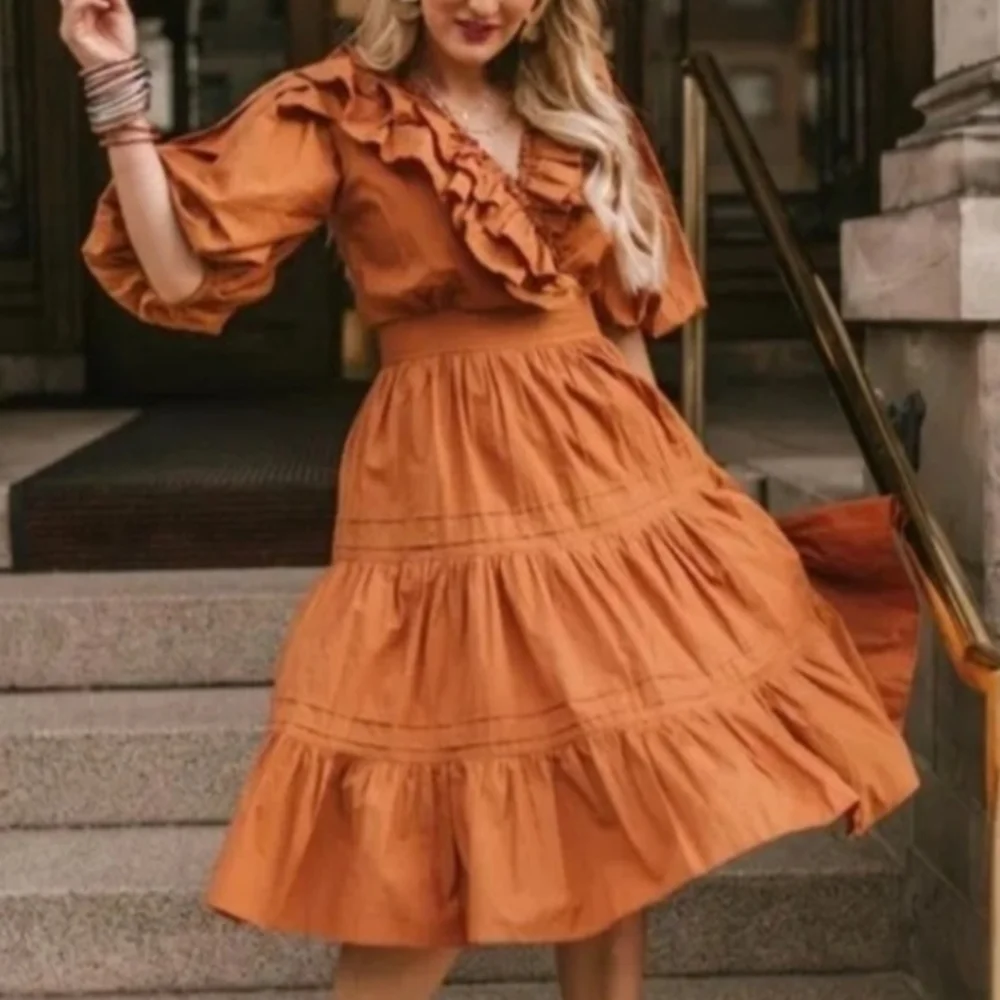 Ivy City Co Terracotta Orange Midi Dress - Picture 1 of 7